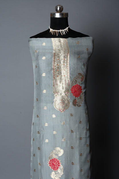 Grey Organaza Jacquard Unstitched Suit Set