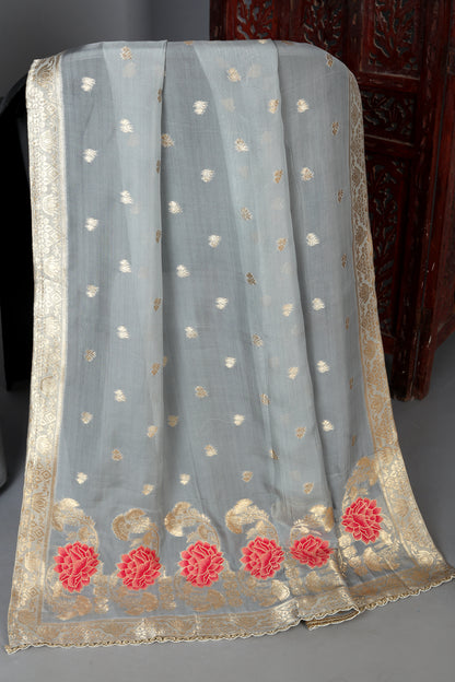 Grey Organaza Jacquard Unstitched Suit Set