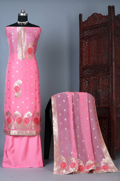 Baby Pink Organaza Jacquard Unstitched Suit Set