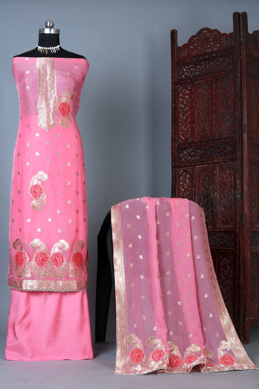 Baby Pink Organaza Jacquard Unstitched Suit Set