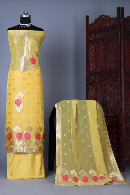Yellow Organaza Jacquard Unstitched Suit Set