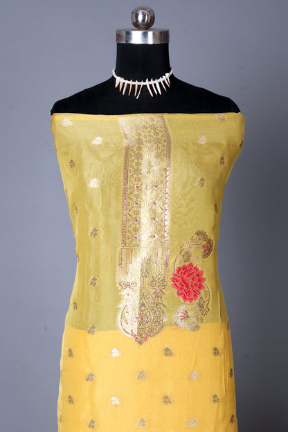 Yellow Organaza Jacquard Unstitched Suit Set
