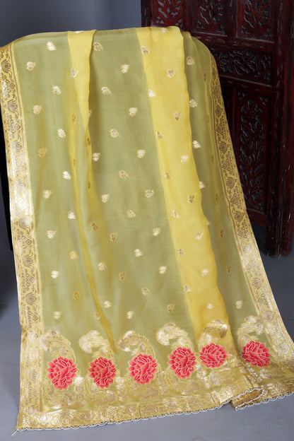 Yellow Organaza Jacquard Unstitched Suit Set