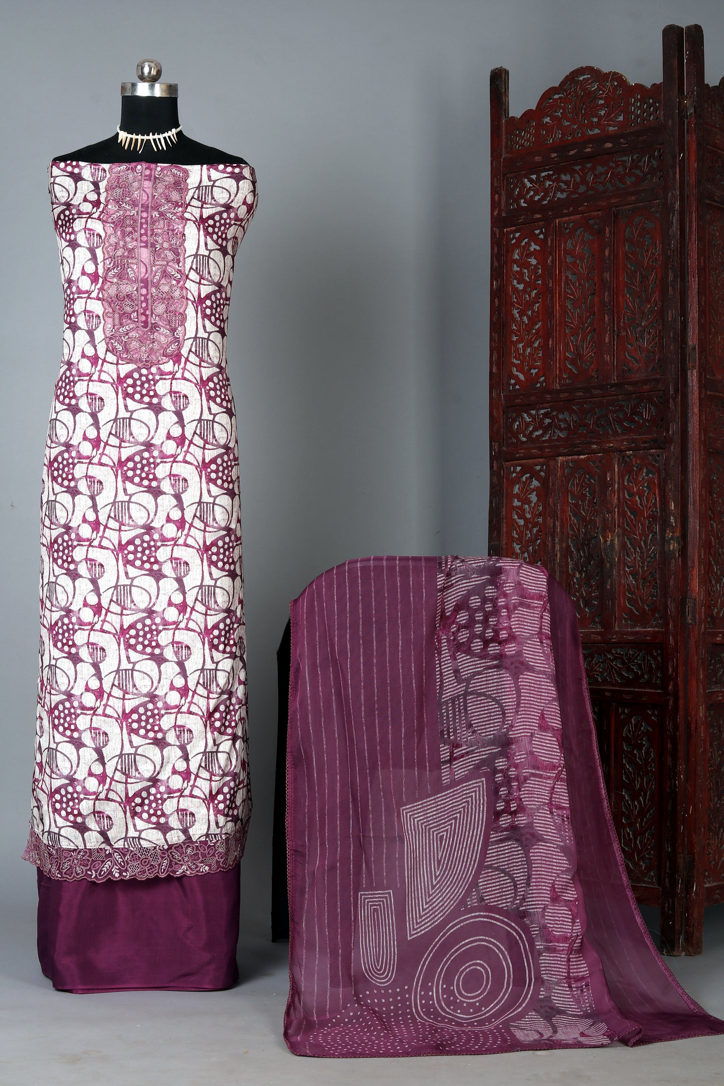 White & Wine Purple Pure Muslin Unstitched Suit Set With Organza Dupatta