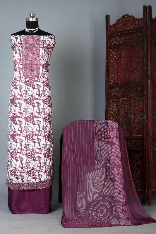 White & Wine Purple Pure Muslin Unstitched Suit Set With Organza Dupatta