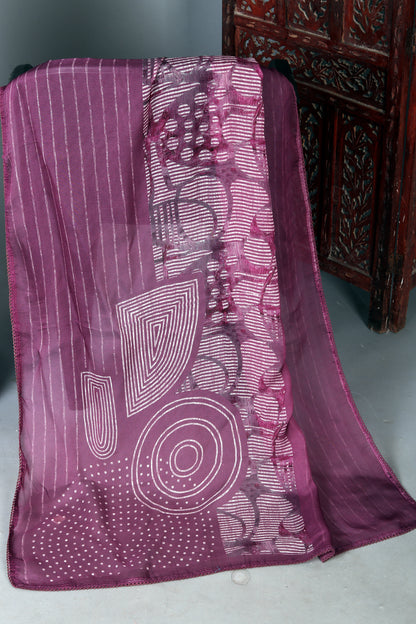 White & Wine Purple Pure Muslin Unstitched Suit Set With Organza Dupatta
