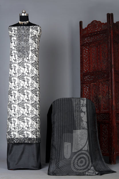 Black & White Pure Muslin Unstitched Suit Set With Organza Dupatta