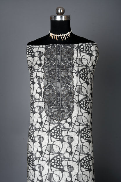 Black & White Pure Muslin Unstitched Suit Set With Organza Dupatta