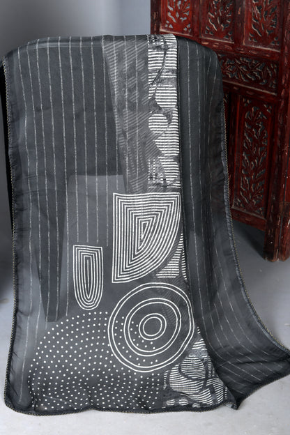 Black & White Pure Muslin Unstitched Suit Set With Organza Dupatta