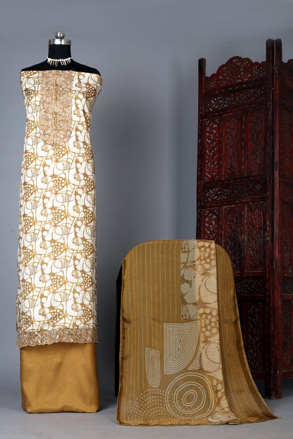 Mustard Color Pure Muslin Unstitched Suit Set With Organza Dupatta