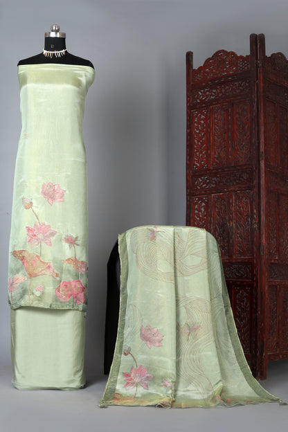 Pistachio Green Lotus Motif Embroidered Organza Shimmer Unstitched Suit Set
