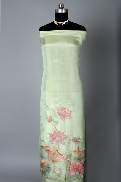 Pistachio Green Lotus Motif Embroidered Organza Shimmer Unstitched Suit Set