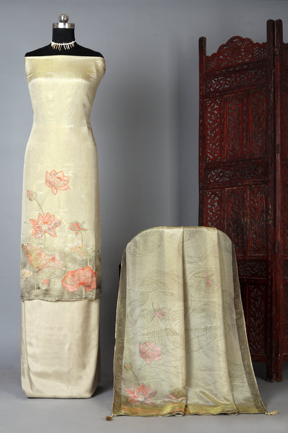 Light Gold Beige Lotus Motif Embroidered Organza Shimmer Unstitched Suit Set