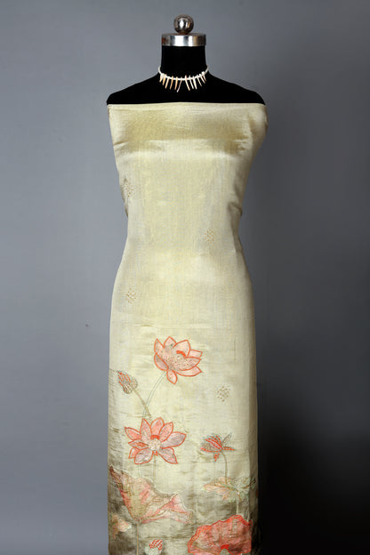 Light Gold Beige Lotus Motif Embroidered Organza Shimmer Unstitched Suit Set