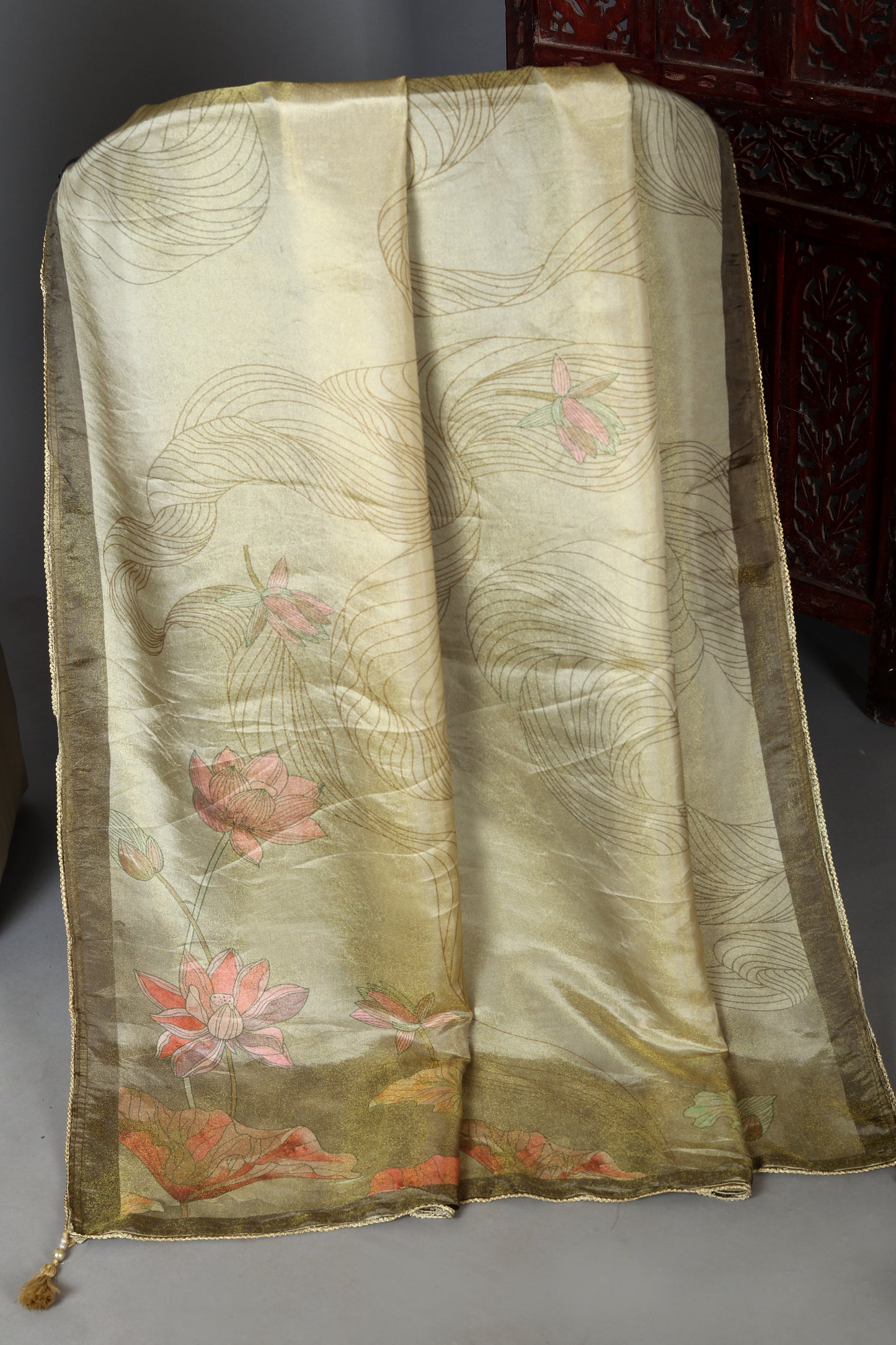Light Gold Beige Lotus Motif Embroidered Organza Shimmer Unstitched Suit Set