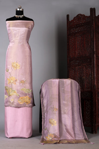 Dusty Pink Lotus Motif Embroidered Organza Shimmer Unstitched Suit Set