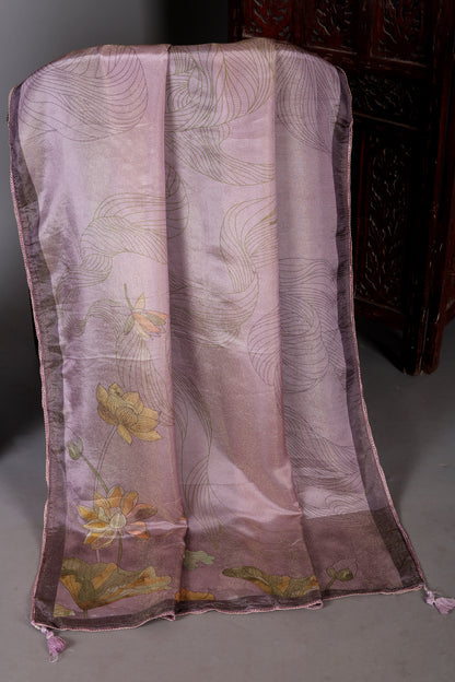 Dusty Pink Lotus Motif Embroidered Organza Shimmer Unstitched Suit Set