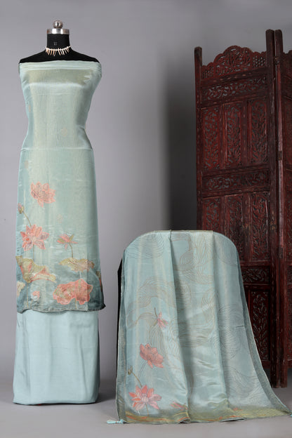 Sea Green Lotus Motif Embroidered Organza Shimmer Unstitched Suit Set