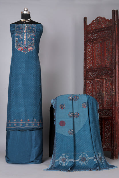 Blue Butta Pure Muslin Unstitched Suit Set