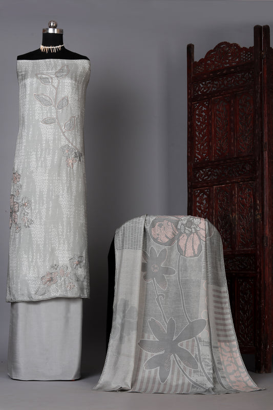 Elegant Grey Embroidered Pure Muslin Unstitched Suit Set