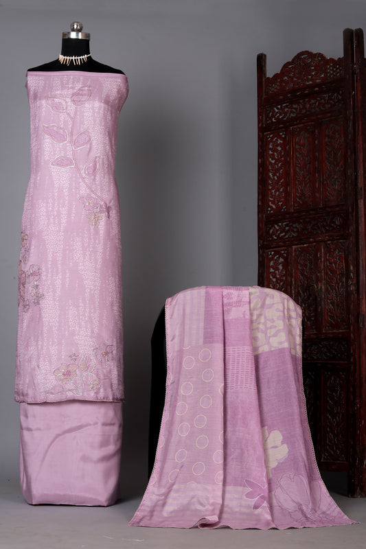 Dusty Pink Embroidered Pure Muslin Unstitched Suit Set