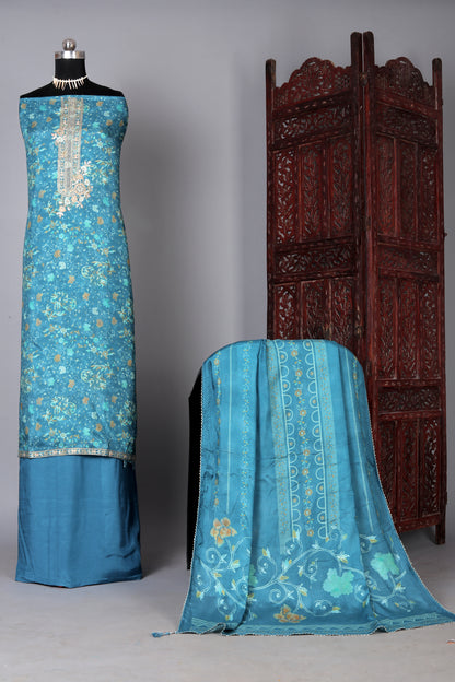 Dusty Blue Floral Motifs Pure Muslin Unstitched Suit Set