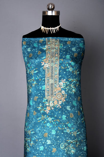 Dusty Blue Floral Motifs Pure Muslin Unstitched Suit Set
