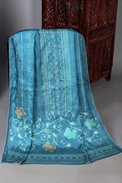 Dusty Blue Floral Motifs Pure Muslin Unstitched Suit Set