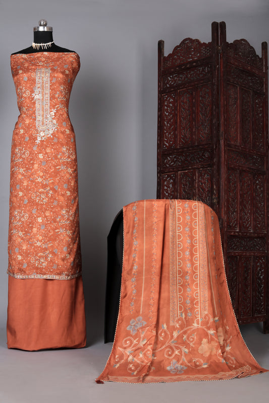 Traditional Rust Pure Muslin Unstitched Suit Set