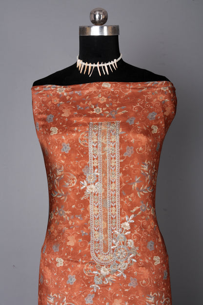 Traditional Rust Pure Muslin Unstitched Suit Set