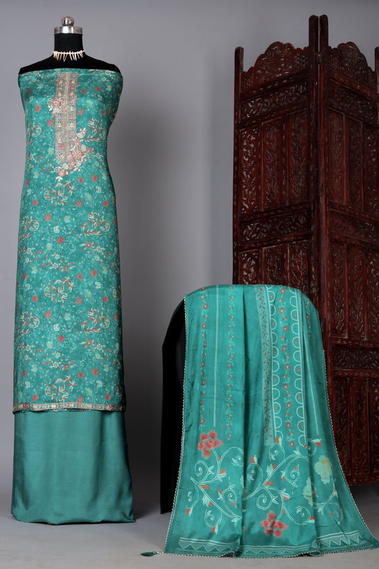 Timeless Teal Green Pure Muslin Unstitched Suit Set