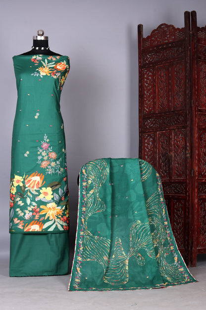 Forest Green Bloom Cotton Unstitched Suit Set