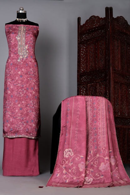Graceful Pink Floral Motifs Pure Muslin Unstitched Suit Set