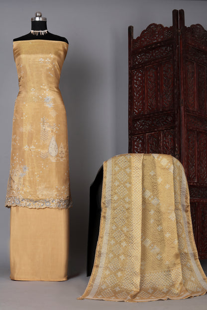 Golden Mustard Embroidered Pure Organza Shimmer Unstitched Suit Set