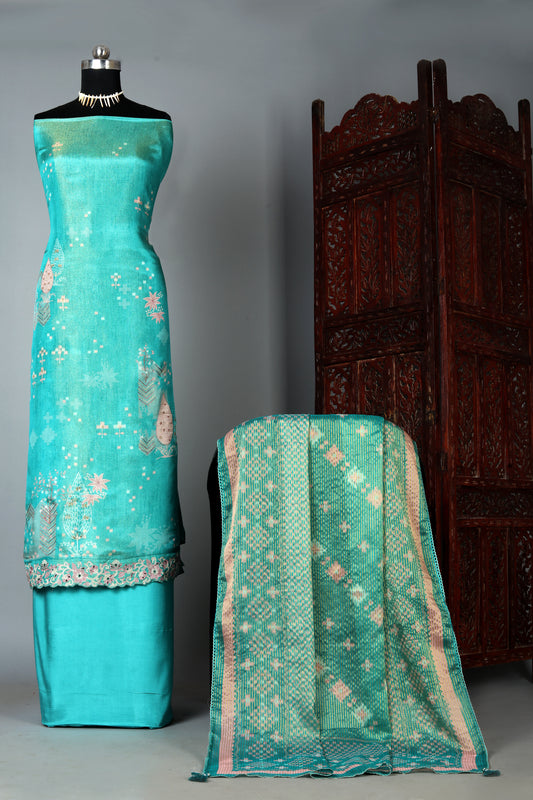 Sea Green Embroidered Pure Organza Shimmer Unstitched Suit Set
