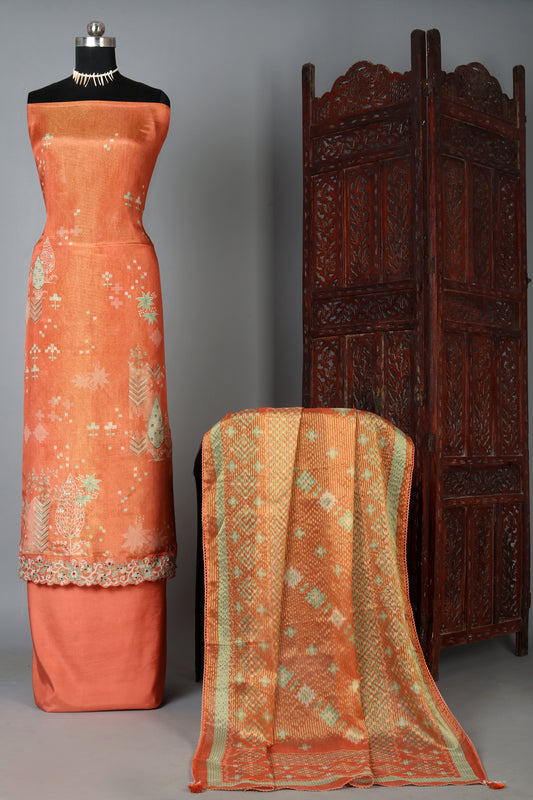 Traditional Rust Embroidered Pure Organza Shimmer Unstitched Suit Set