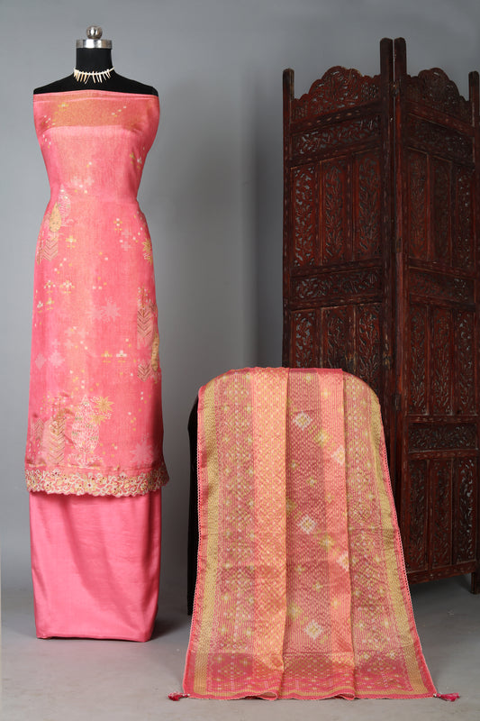 Peach Color Embroidered Pure Organza Shimmer Unstitched Suit Set