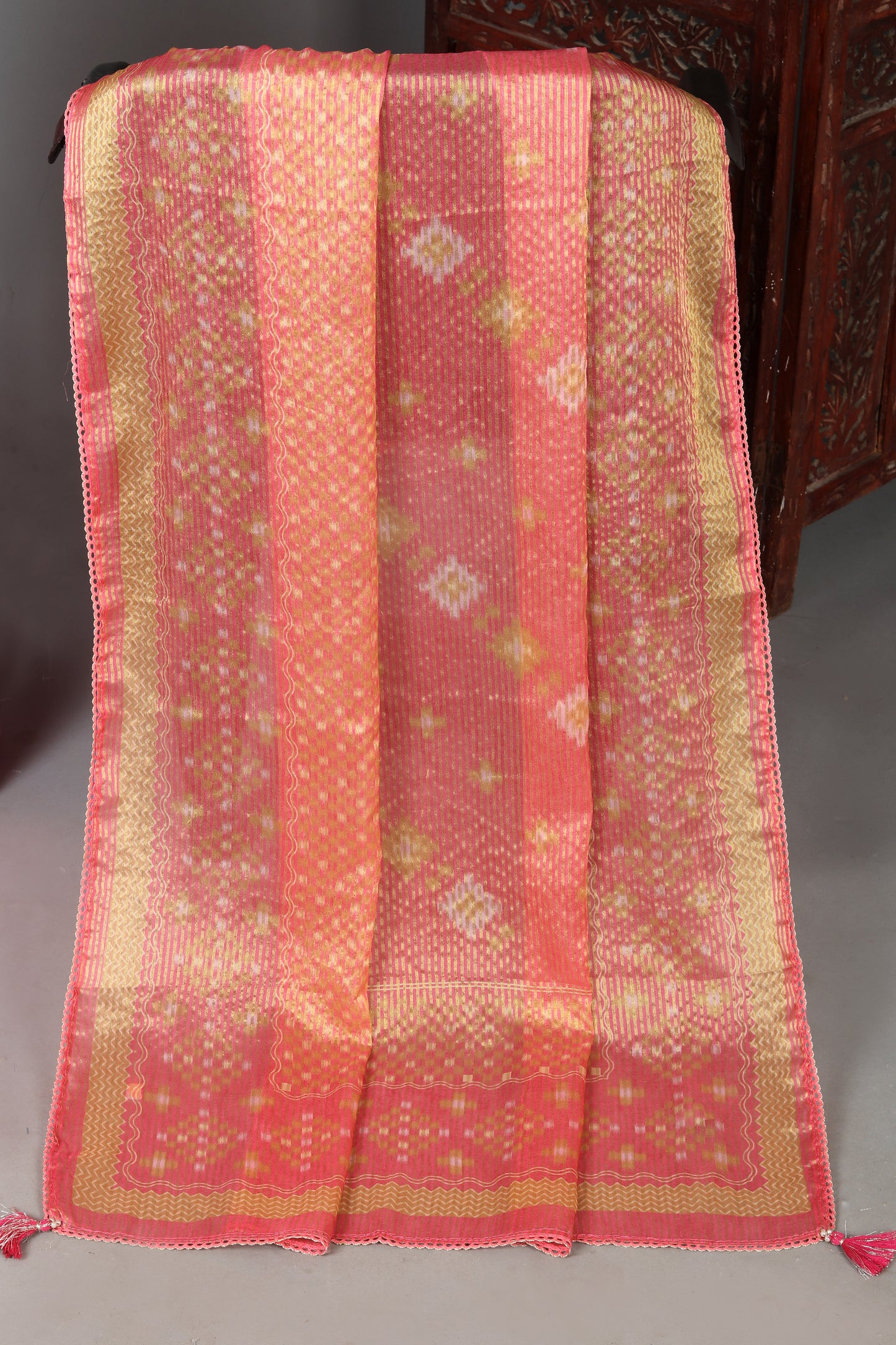 Peach Color Embroidered Pure Organza Shimmer Unstitched Suit Set