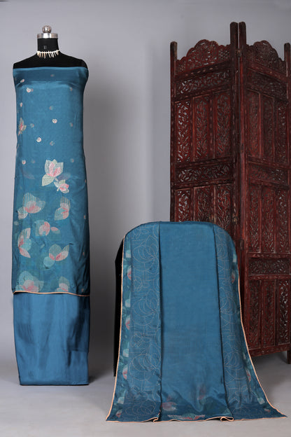 Blue Floral Embroidered Pure Muslin Unstitched Suit Set