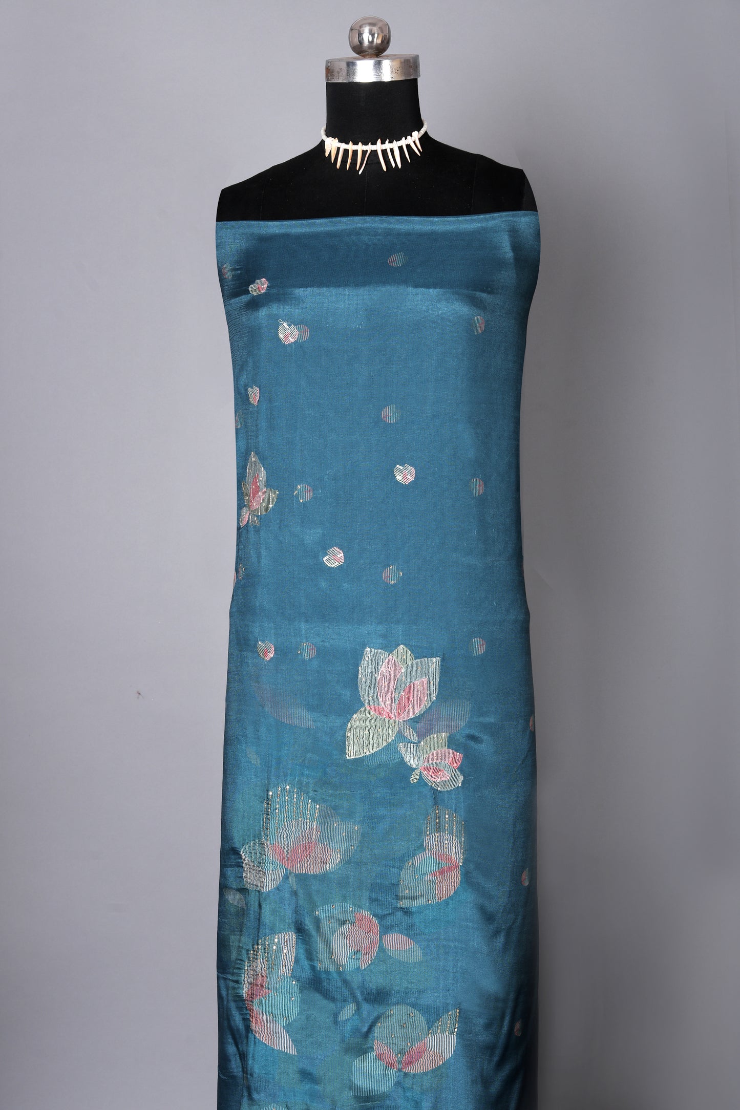 Blue Floral Embroidered Pure Muslin Unstitched Suit Set