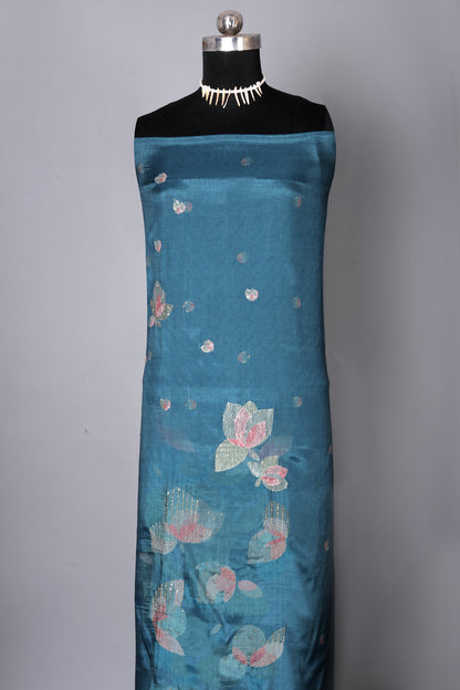 Blue Floral Embroidered Pure Muslin Unstitched Suit Set