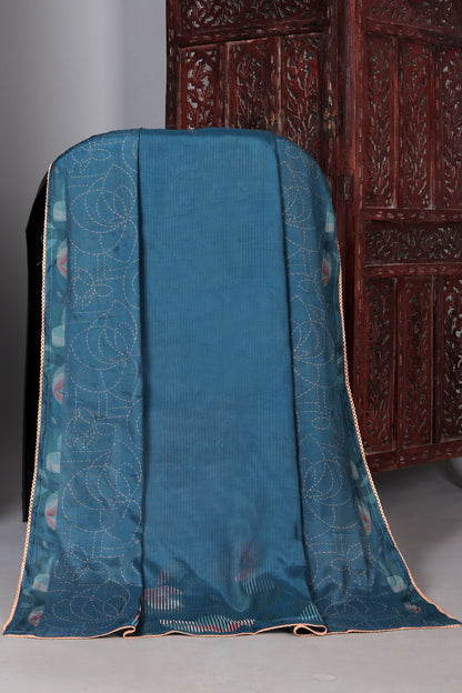 Blue Floral Embroidered Pure Muslin Unstitched Suit Set