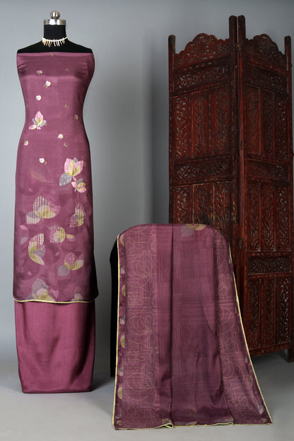 Plum Purple Floral Embroidered Pure Muslin Unstitched Suit Set