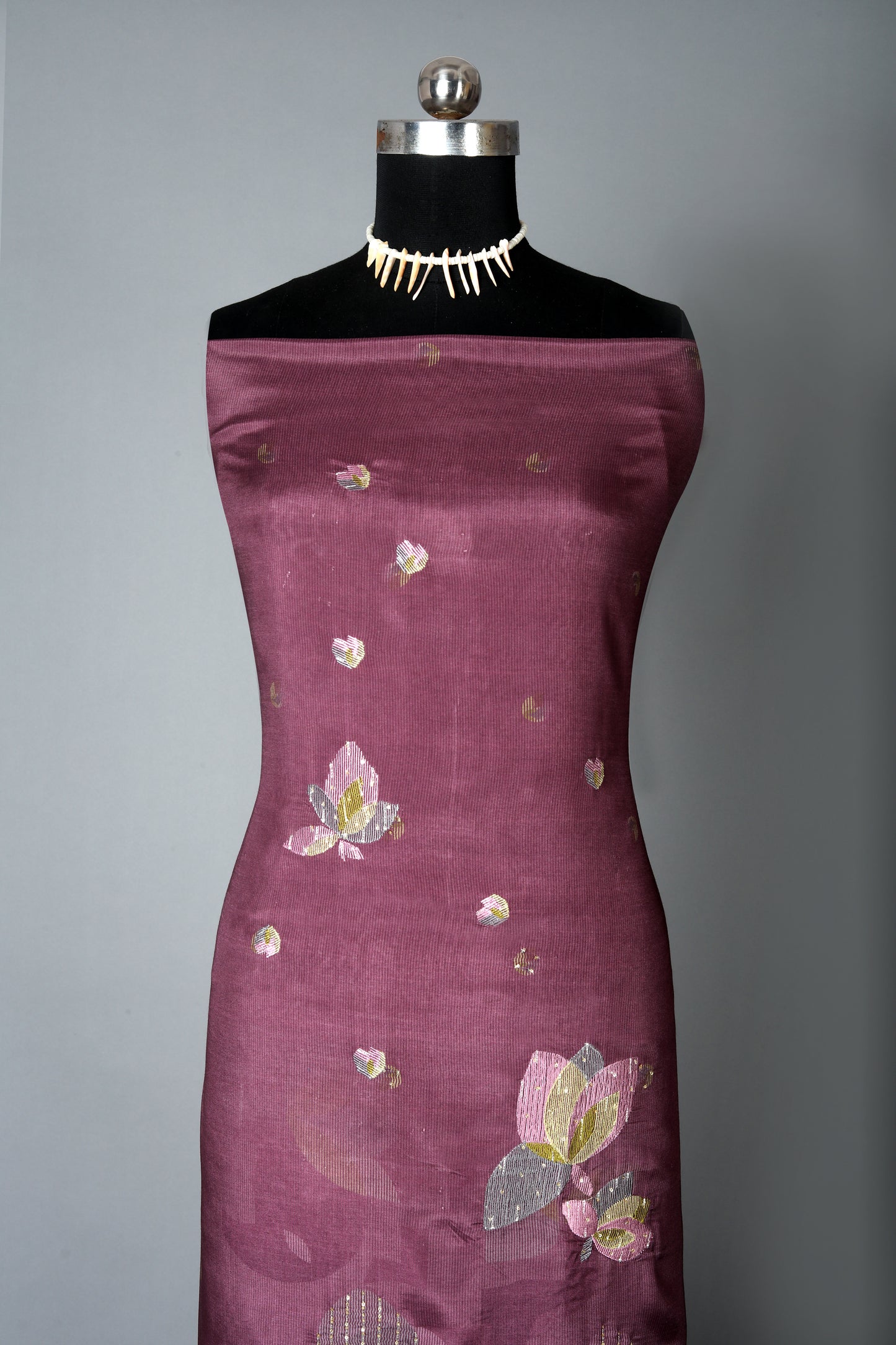 Plum Purple Floral Embroidered Pure Muslin Unstitched Suit Set