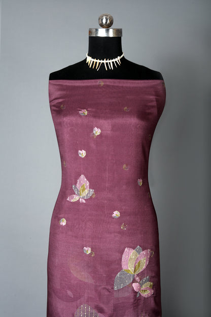 Plum Purple Floral Embroidered Pure Muslin Unstitched Suit Set