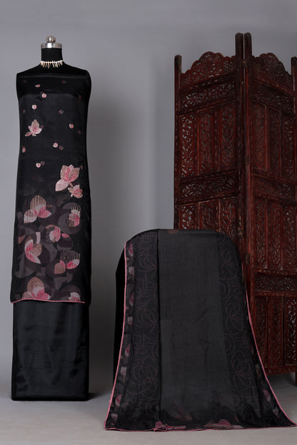 Jade Black Floral Embroidered Pure Muslin Unstitched Suit Set