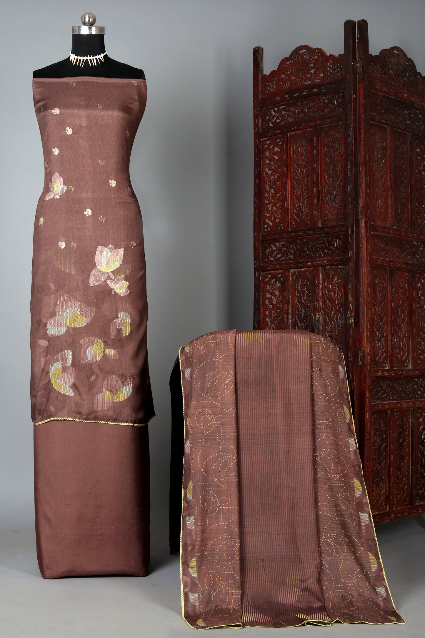 Chocolate Brown Floral Embroidered Pure Muslin Unstitched Suit Set