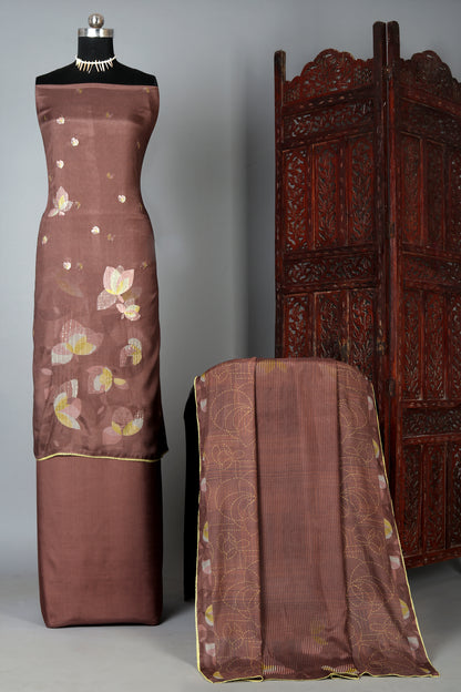 Chocolate Brown Floral Embroidered Pure Muslin Unstitched Suit Set