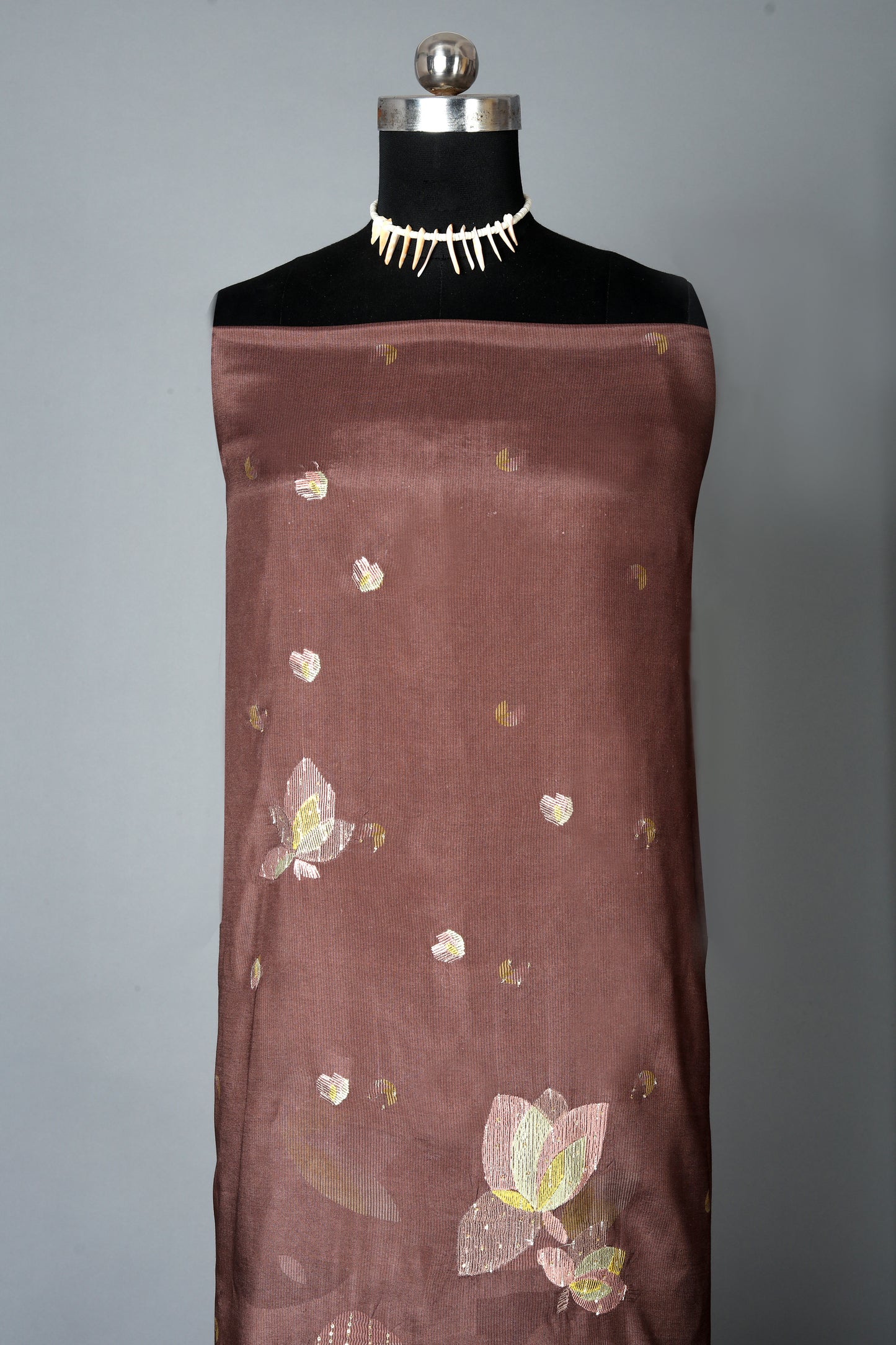 Chocolate Brown Floral Embroidered Pure Muslin Unstitched Suit Set