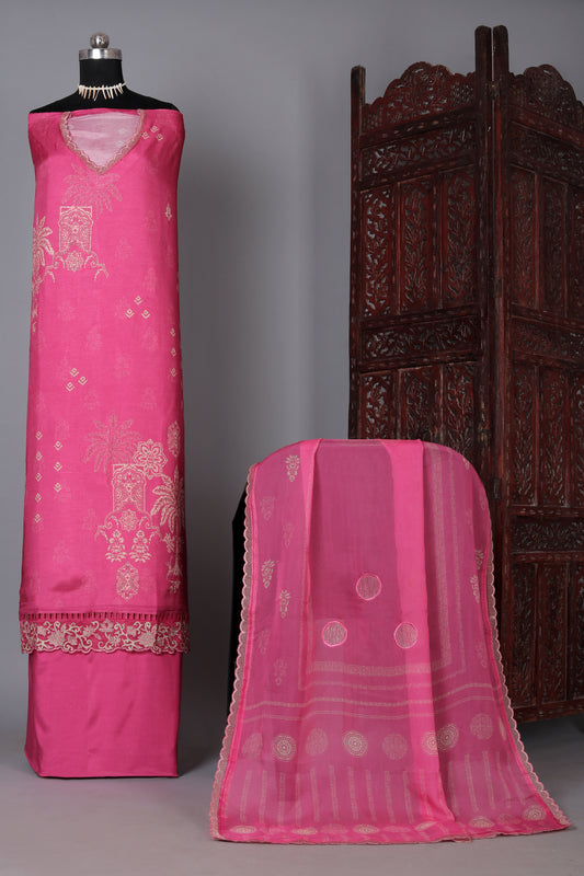 Hot Pink Color Pure Muslin Unstitched Suit Set With Organza Dupatta